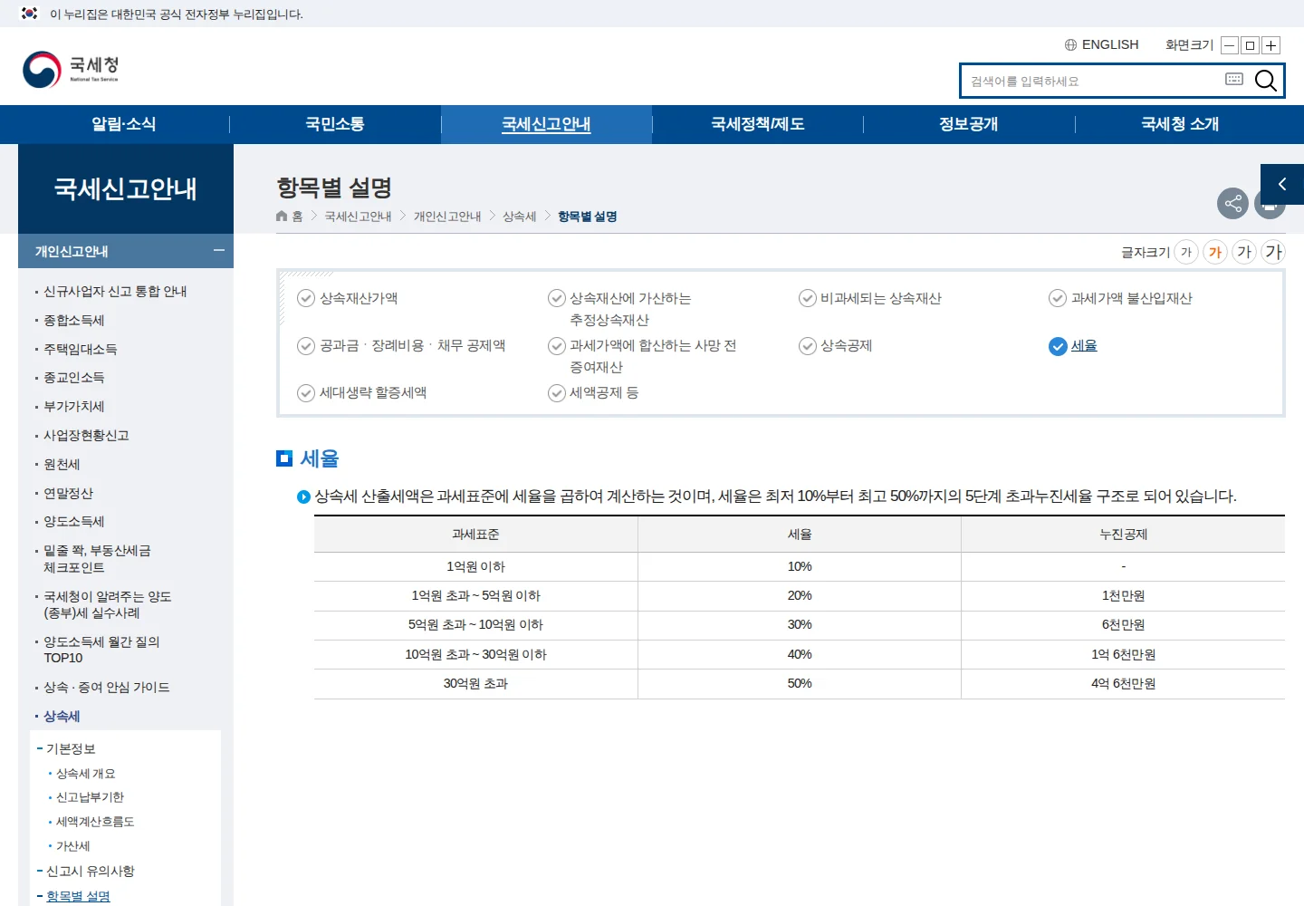 상속세 개정안 대신 적용되는 현행 세율과 계산식 관련 nts.go.kr 공식 안내 화면