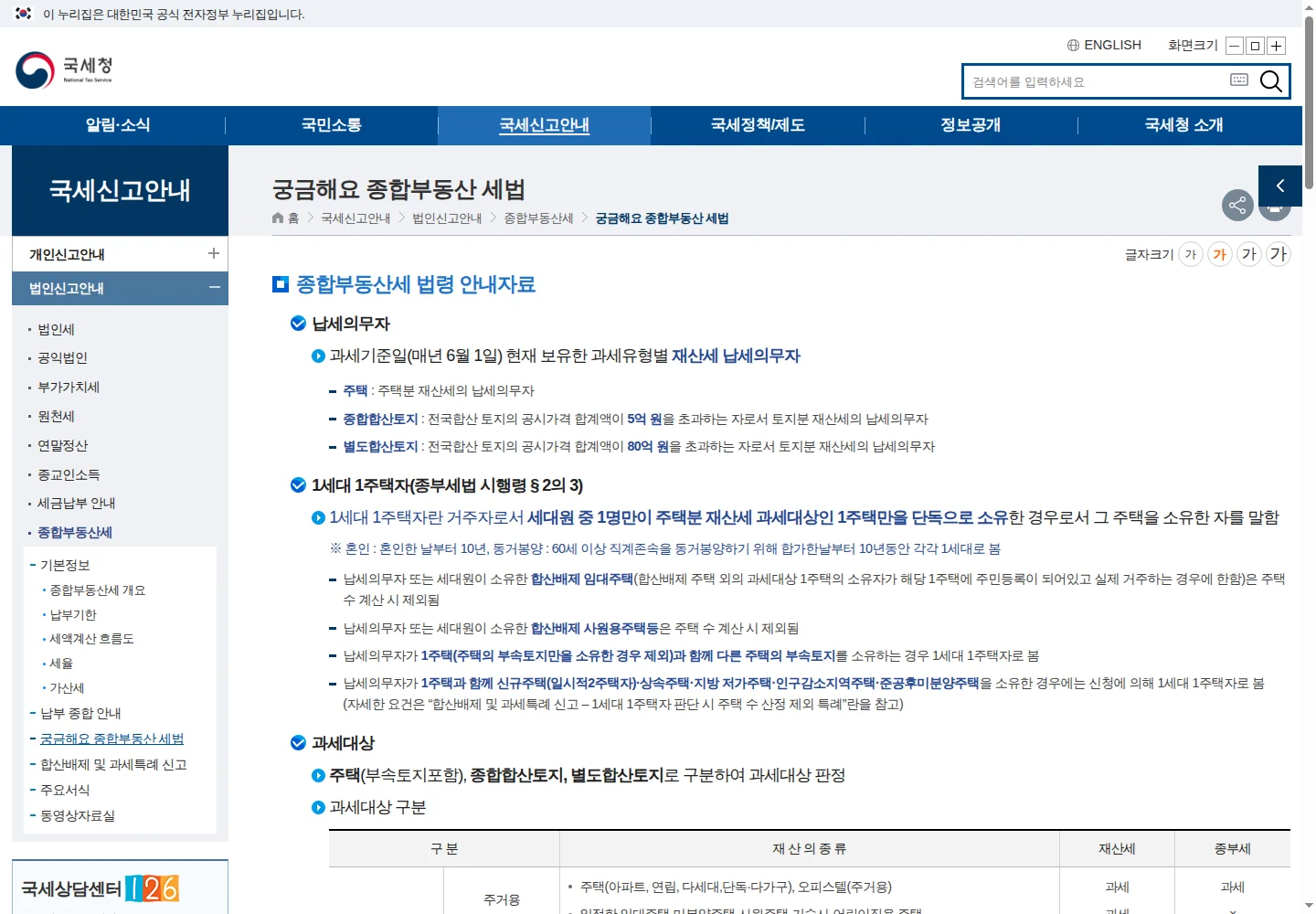 국세청 종합부동산세 안내 공식 화면